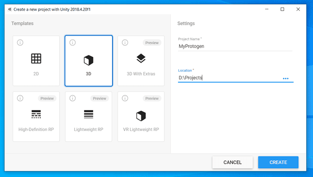 Unity Project Setup dialog